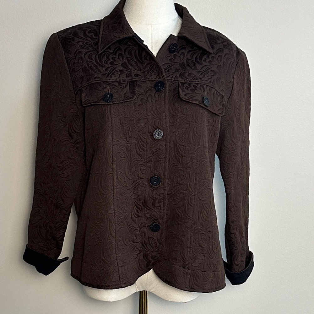 Womens Neutral Brown Jacquard Structured Dark Academia Button Up Light Jacket PM